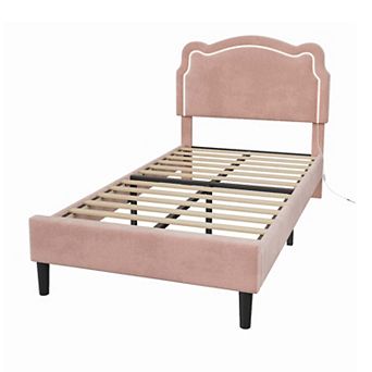Twin Upholstered Smart LED Bed Frame with Headboard, Velvet Princess Platform Bed Frame for Kids