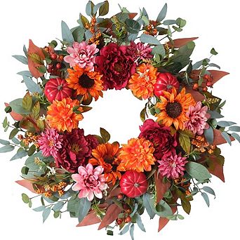 24" Fall Sunflower Peony Pumpkin Wreath for Front Door, Thanksgiving Floral Decor