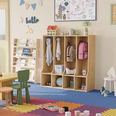 4-Section Classroom Coat Locker w/4 Cubbies, Daycare Cubby Storage Organizer with 8 Hooks for Home