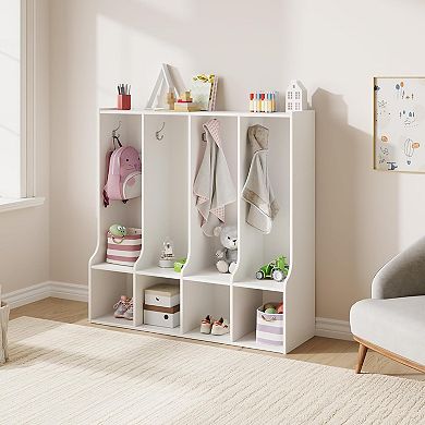 4-Section Classroom Coat Locker w/4 Cubbies, Daycare Cubby Storage Organizer with 8 Hooks for Home