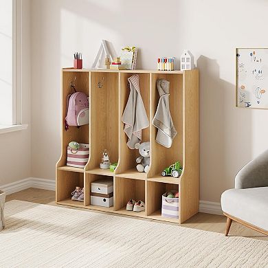 4-Section Classroom Coat Locker w/4 Cubbies, Daycare Cubby Storage Organizer with 8 Hooks for Home
