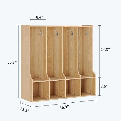 4-Section Classroom Coat Locker w/4 Cubbies, Daycare Cubby Storage Organizer with 8 Hooks for Home