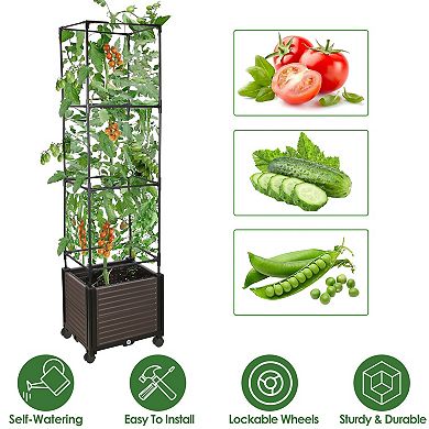 62.99in Raised Garden Bed Planter Box with Trellis, Wheels & Self-Watering for Vegetables & Flowers