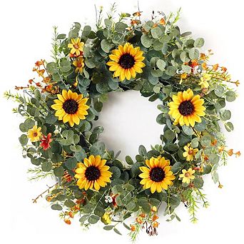 24 Inch Eucalyptus Sunflower Wreath Artificial Front Door Outdoor Decor