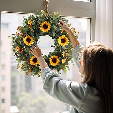 24 Inch Eucalyptus Sunflower Wreath Artificial Front Door Outdoor Decor