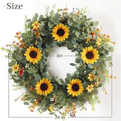 24 Inch Eucalyptus Sunflower Wreath Artificial Front Door Outdoor Decor