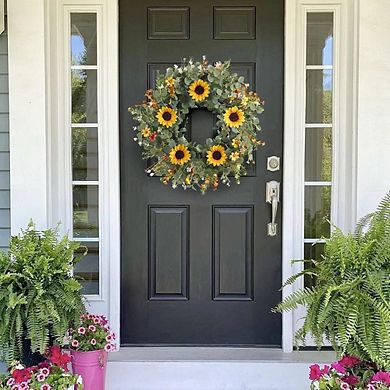 24 Inch Eucalyptus Sunflower Wreath Artificial Front Door Outdoor Decor