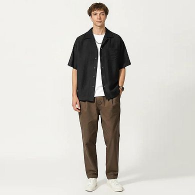 Men's Short Sleeve Button Down Shirt with Textured Woven Fabric and Relaxed Open Collar Fit
