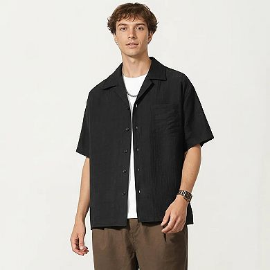 Men's Short Sleeve Button Down Shirt with Textured Woven Fabric and Relaxed Open Collar Fit