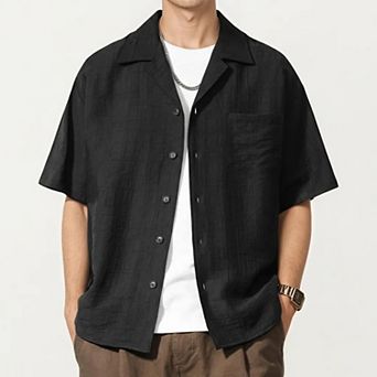Men's Short Sleeve Button Down Shirt with Textured Woven Fabric and Relaxed Open Collar Fit