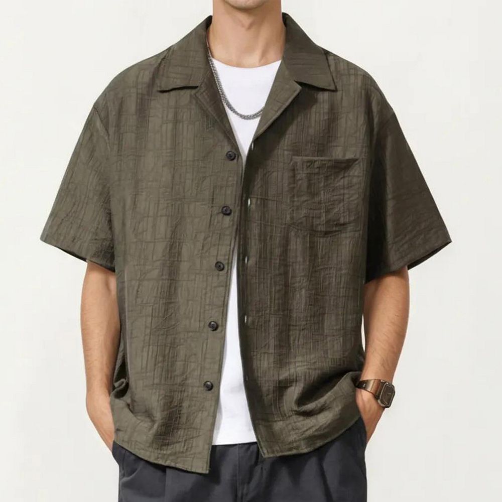 Men's Short Sleeve Button Down Shirt with Textured Woven Fabric