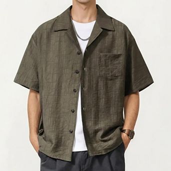 Men's Short Sleeve Button Down Shirt with Textured Woven Fabric and Relaxed Open Collar Fit