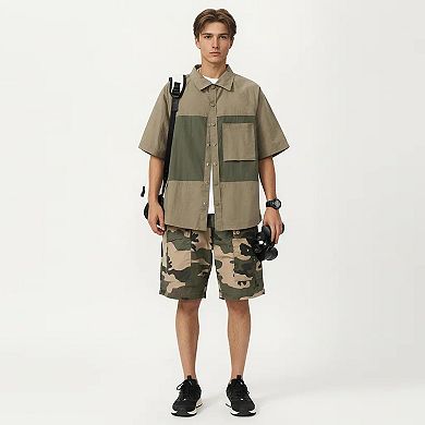 Men's Short Sleeve Button Front Overshirt with Chest Pocket and Relaxed Structured Fit