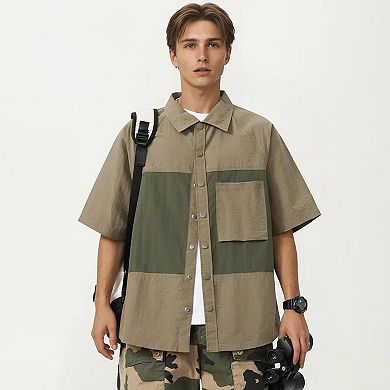 Men's Short Sleeve Button Front Overshirt with Chest Pocket and Relaxed Structured Fit