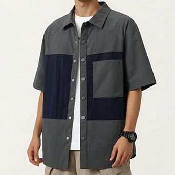 Men's Short Sleeve Button Front Overshirt with Chest Pocket and Relaxed Structured Fit