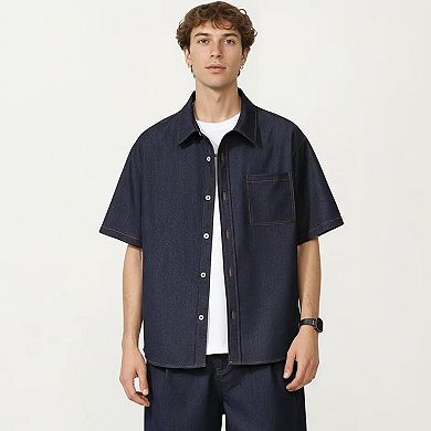 Men's Short Sleeve Button Front Shirt with Chest Pocket and Relaxed Fit