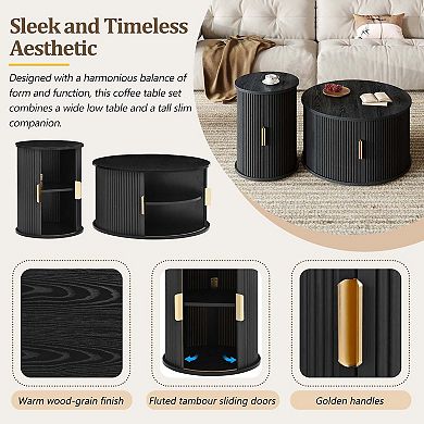 Mid-Century Round Coffee Table Set with Sliding Tambour Door Set of 2