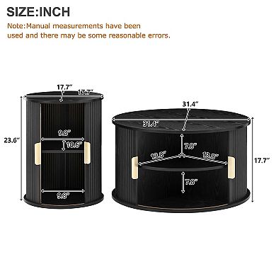 Mid-Century Round Coffee Table Set with Sliding Tambour Door Set of 2