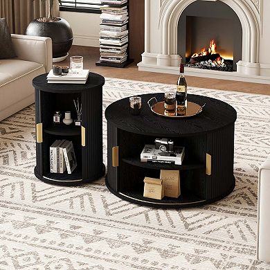 Mid-Century Round Coffee Table Set with Sliding Tambour Door Set of 2