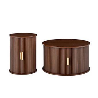 Mid-Century Round Coffee Table Set with Sliding Tambour Door Set of 2