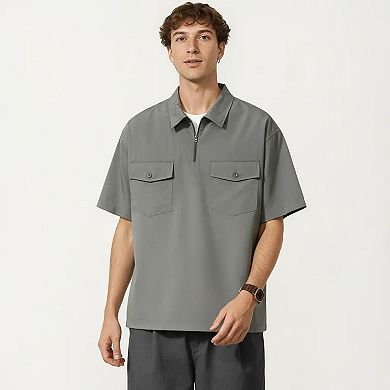Men's Short Sleeve Half Zip Utility Shirt with Chest Pockets