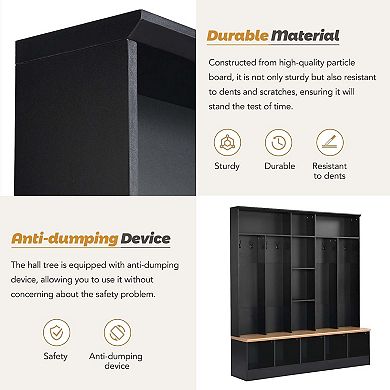 Wide Design Hall Tree with Storage Bench with 8 Hooks for Entryway