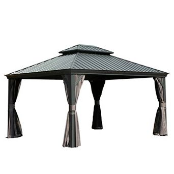 10'x 12' Hardtop Gazebo Grey - Metal Double Roof with Curtains & Netting