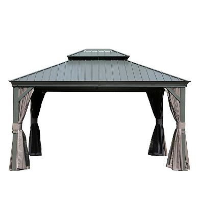 10'x 12' Hardtop Gazebo Grey - Metal Double Roof with Curtains & Netting