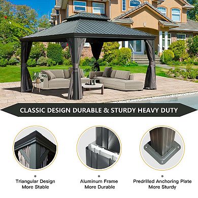 10'x 12' Hardtop Gazebo Grey - Metal Double Roof with Curtains & Netting