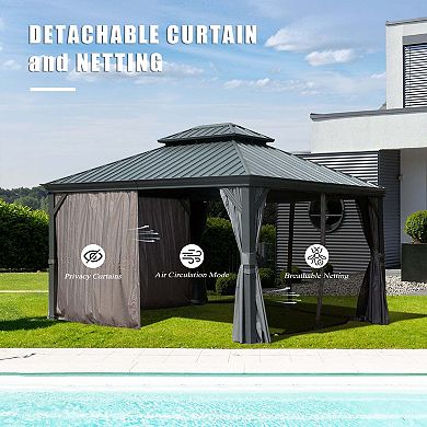 10'x 12' Hardtop Gazebo Grey - Metal Double Roof with Curtains & Netting
