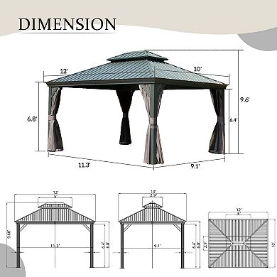 10'x 12' Hardtop Gazebo Grey - Metal Double Roof with Curtains & Netting