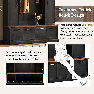 Wide Hall Tree Walnut Bench with Golden Hooks for Living Room