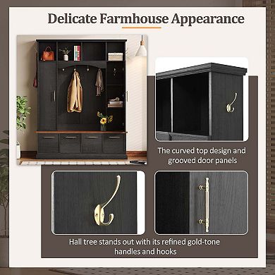 Wide Hall Tree Walnut Bench with Golden Hooks for Living Room