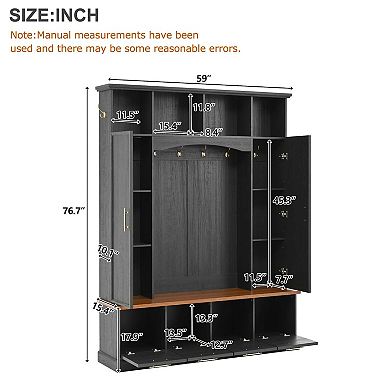 Wide Hall Tree Walnut Bench with Golden Hooks for Living Room