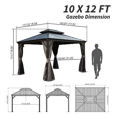 10'x 12' Hardtop Gazebo-Upgraded Metal with Drainage & Curtains/Netting