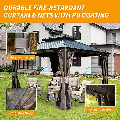 10'x 12' Hardtop Gazebo-Upgraded Metal with Drainage & Curtains/Netting