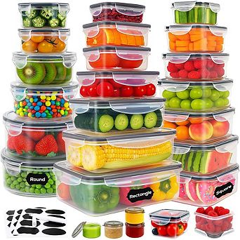 50 pc Clear Airtight Food Storage Containers with Lids and Labels