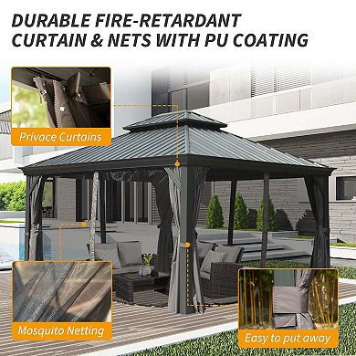 10'x 14' Hardtop Gazebo-Steel Double Roof with Curtains & Netting