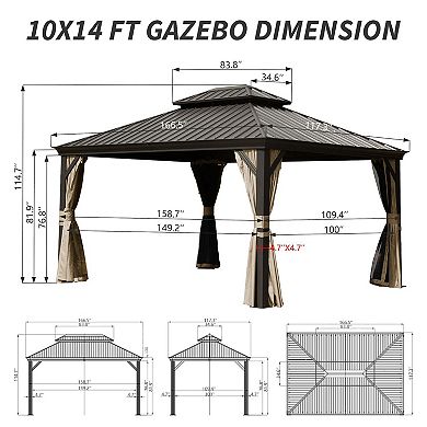 10'x 14' Hardtop Gazebo-Steel Double Roof with Curtains & Netting