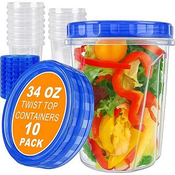 10-Pack 34oz Reusable Plastic Food Storage Containers with Airtight Twist Lids