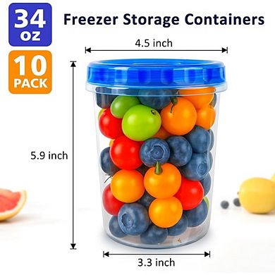 10-Pack 34oz Reusable Plastic Food Storage Containers with Airtight Twist Lids