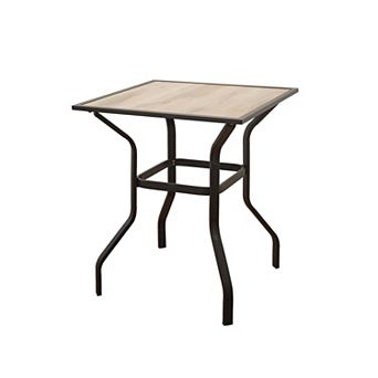 Outdoor Patio Bar Table Square Metal Table with Wood-Look Tabletop