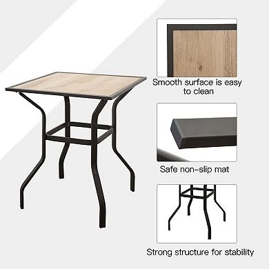 Outdoor Patio Bar Table Square Metal Table with Wood-Look Tabletop