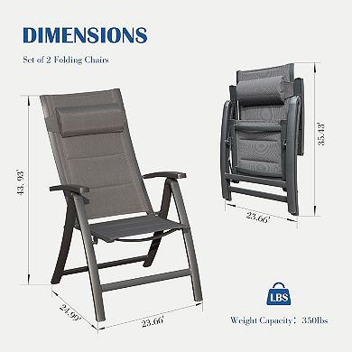 Patio Folding Chairs Set of 2 - Padded Textilene Adjustable Loungers