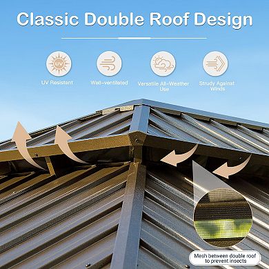 10'x 14' Hardtop Gazebo - Wood Grain Aluminum Frame with Curtains & Netting