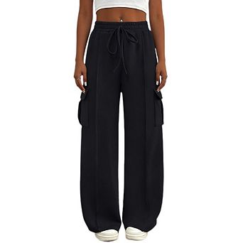 Womens 4 Pockets Cargo Pants High Waisted Wide Leg Baggy Casual Work Office Pants