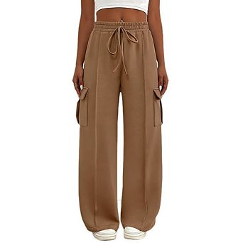 Womens 4 Pockets Cargo Pants High Waisted Wide Leg Baggy Casual Work Office Pants