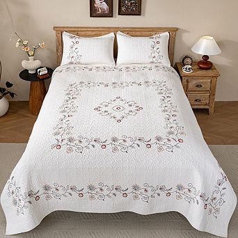 Washed 100% Cotton Embroidered Quilt Set, Floral Design, Queen & King