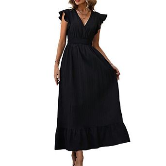 Womens V Neck Dress Ruffle Sleeve Elegant Wrap A-Line Flowy Wedding Guest Summer Maxi Dresses