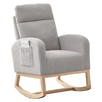 Nursery Rocking Chair, Upholstered Glider Rocker with Side Pocket & High Backrest